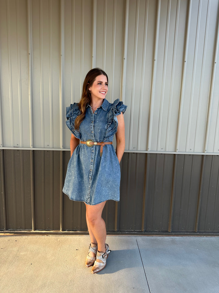 Effortlessly stylish babydoll button-up dress in denim, featuring a collared neckline, layered ruffle shoulder accents, and side pockets. This non-sheer, relaxed-fit dress is lightweight and ideal for easy, all-day wear. Available in Small (3-5), Medium (6-8), and Large (8-11). A trendy piece akin to options from H&M and Lulus.