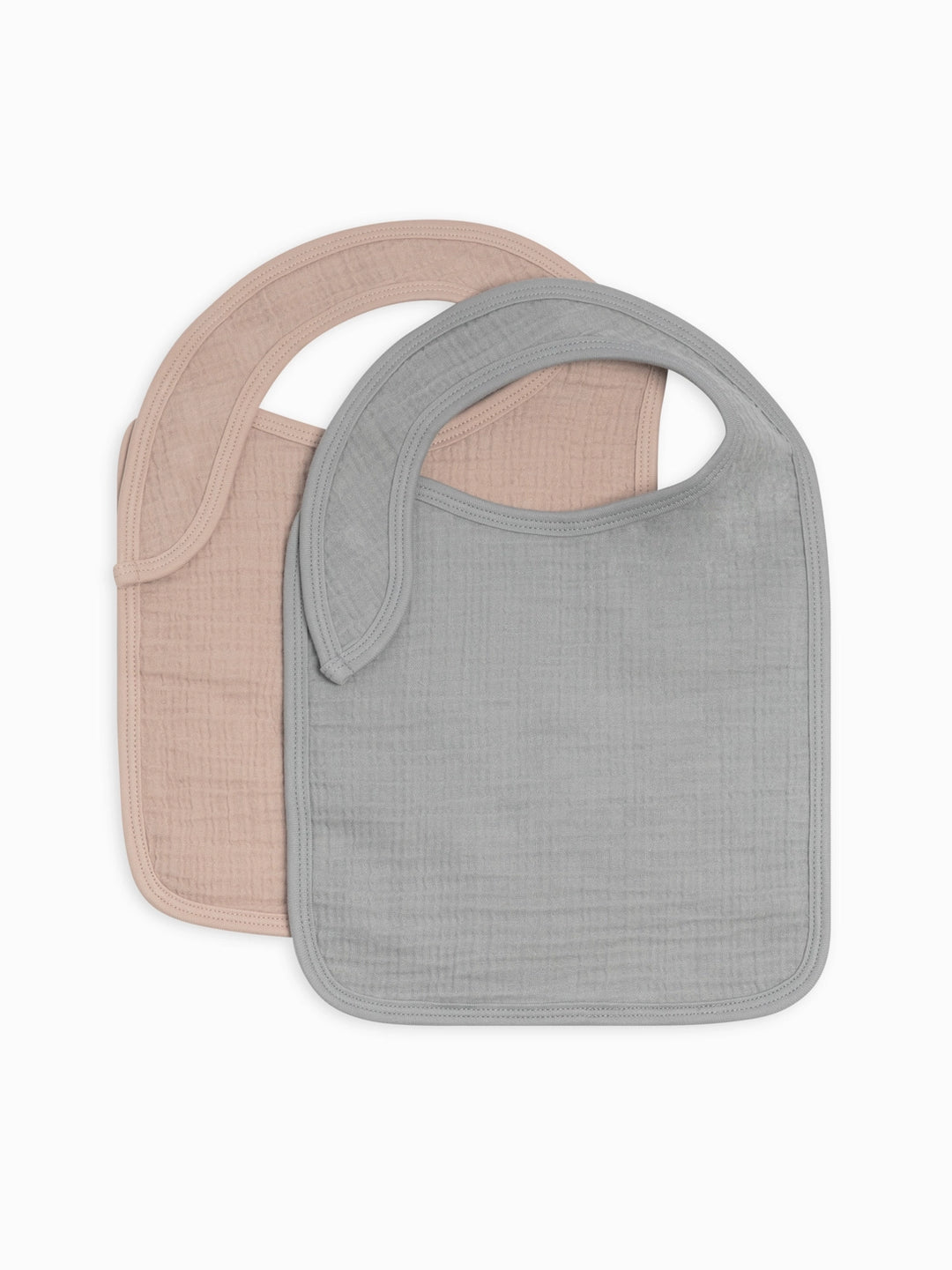 Classic 2 pack organic muslin baby bibs in soft mist and warm clay colors made from breathable gentle cotton perfect for feeding drooling and teething ideal for newborns and infants easy to wash and a must have baby essential for new moms.