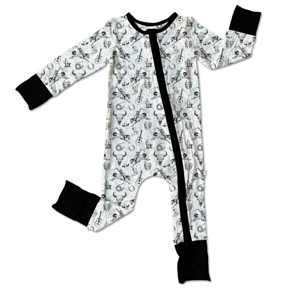 Hunter bamboo baby footie in black and white with western-inspired detailing made from soft breathable bamboo fabric gentle on newborn and infant skin perfect for sleep, play, or everyday wear eco friendly, comfortable, and stylish baby apparel for boys and girls.
