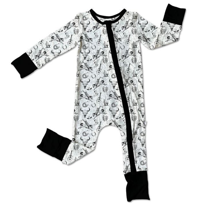 Hunter bamboo baby footie in black and white with western-inspired detailing made from soft breathable bamboo fabric gentle on newborn and infant skin perfect for sleep, play, or everyday wear eco friendly, comfortable, and stylish baby apparel for boys and girls.