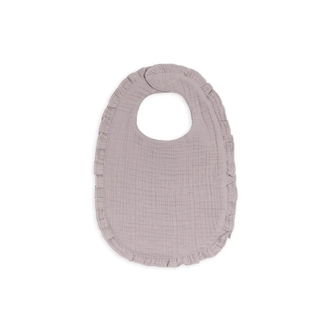 Organic baby muslin ruffle bib in lilla made from soft breathable cotton gentle on newborn and infant skin perfect for feeding, drooling, and teething easy to wash and an essential practical baby accessory a stylish gift for new moms and babies.