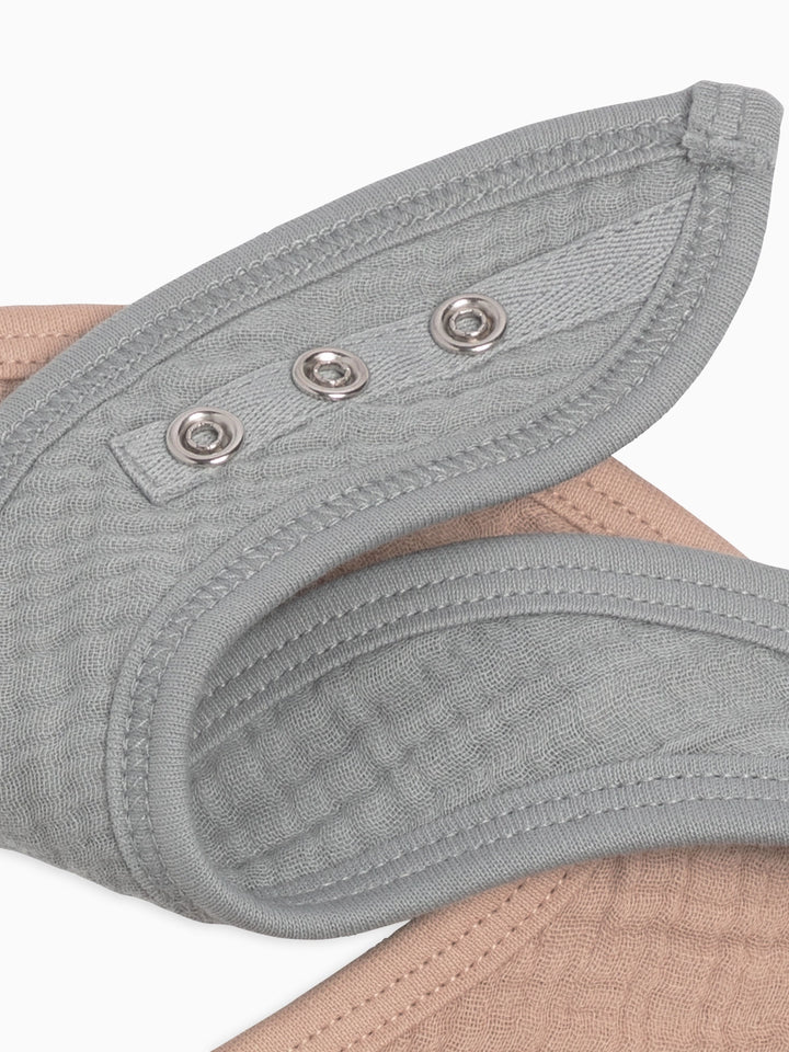 Organic muslin baby bibs 2 pack in mist and clay neutral shades made from soft breathable cotton gentle on sensitive baby skin ideal for feeding drooling and teething essential for parents looking for eco friendly functional and stylish baby accessories.