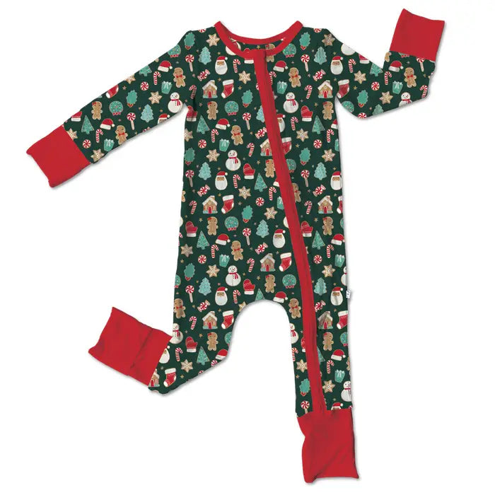 Scarlett Christmas bamboo baby footie made from soft breathable bamboo fabric gentle on newborn and infant skin perfect for sleeping, lounging, or holiday celebrations lightweight, cozy, and eco friendly a stylish and practical baby essential for festive occasions.
