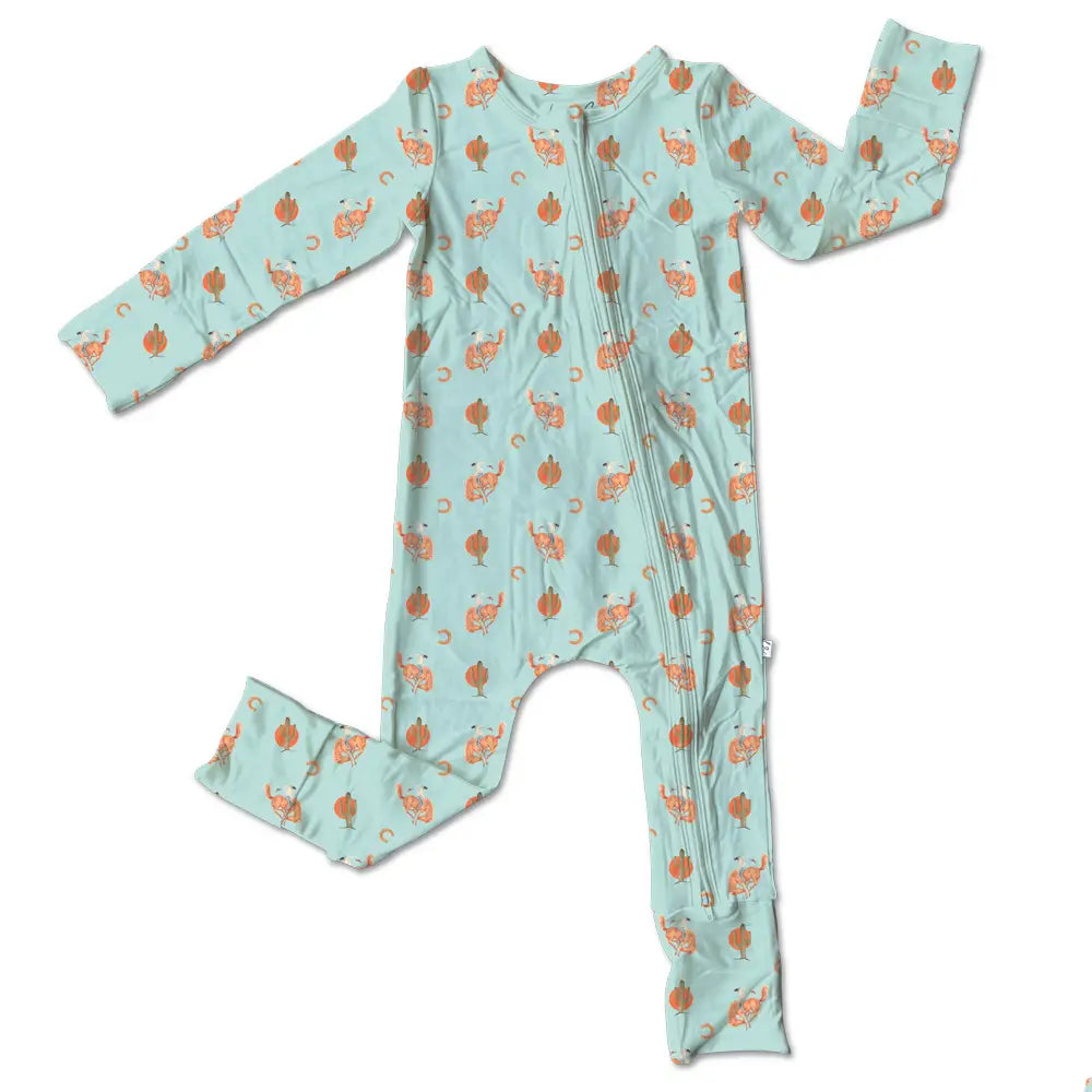 TJ bamboo baby footie in blue and turquoise with horseshoe and bucking horse design made from soft breathable bamboo fabric gentle on newborn and infant skin perfect for sleep, play, or everyday wear lightweight, durable, and a stylish baby essential for boys and girls.