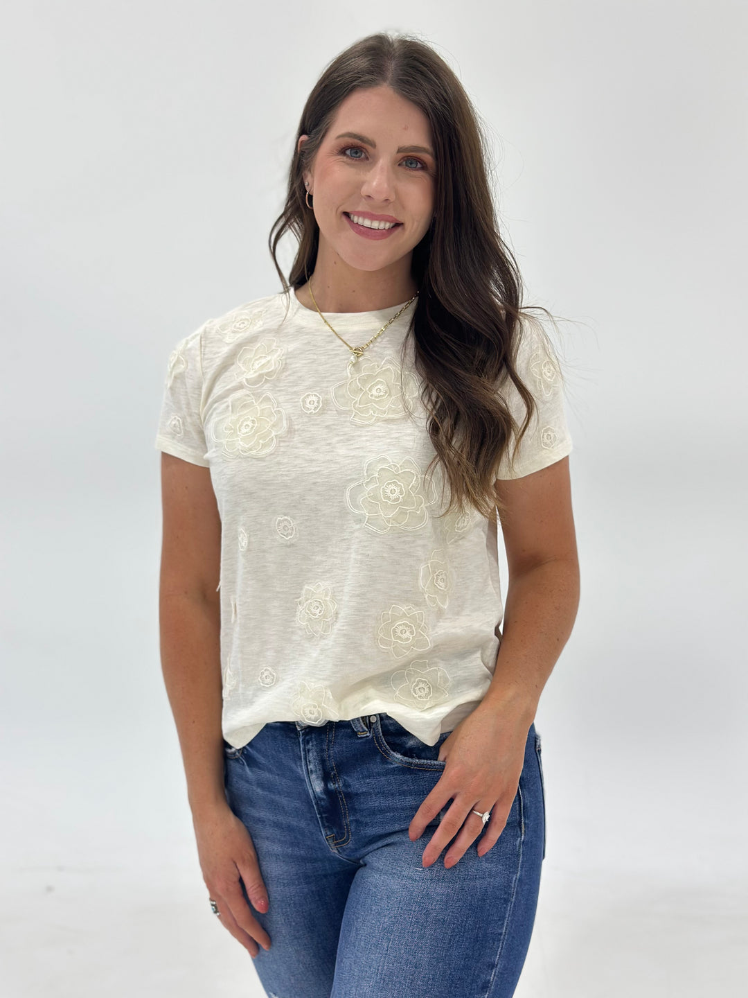 The Amelia Classic White Tee is the ultimate wardrobe essential, designed for effortless style and all-day comfort. Made from ultra-soft, breathable fabric with the perfect amount of stretch, this fitted crew neck tee offers a flattering silhouette that pairs seamlessly with jeans, skirts, and layering pieces. Whether you're dressing it up with a blazer or keeping it casual with distressed denim, The Amelia is a must-have staple for every season. Elevate your everyday look—shop this boutique classic before 