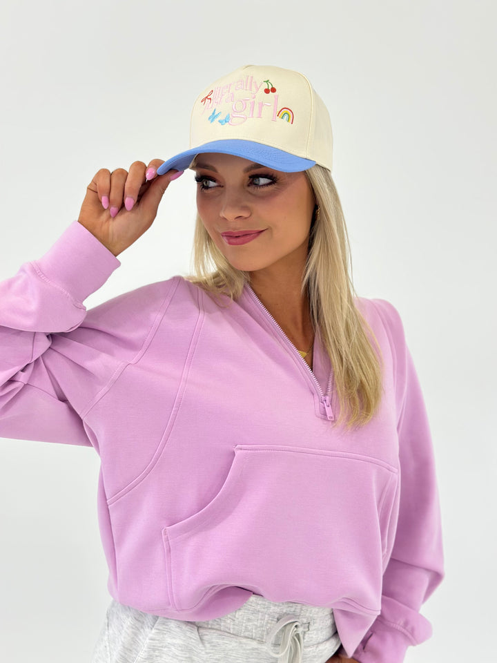 The Dottie Quarter Zip Hoodie Jacket in Blossom features a relaxed oversized fit, soft Modal Poly Span Scuba fabric, and thumbhole details. Made from 48% Modal, 45% Polyester, and 7% Spandex. Available in Small (3-5), Medium (6-8), and Large (9-11).