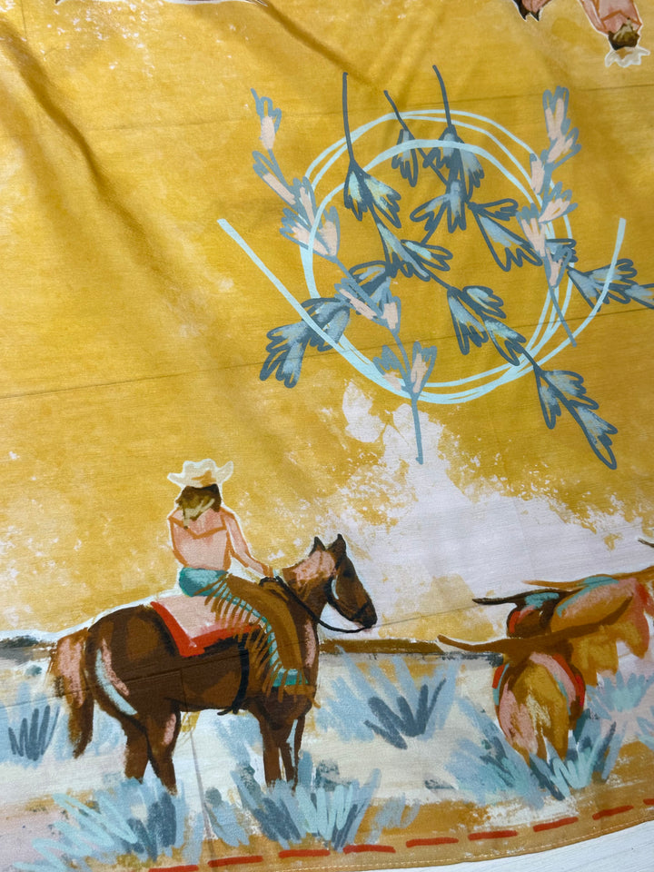 The Longhorn Open features a hand-drawn design on 100% Mulberry silk. Wear it as a bandana, headband, ponytail, or neck scarf. Size 35" x 35".