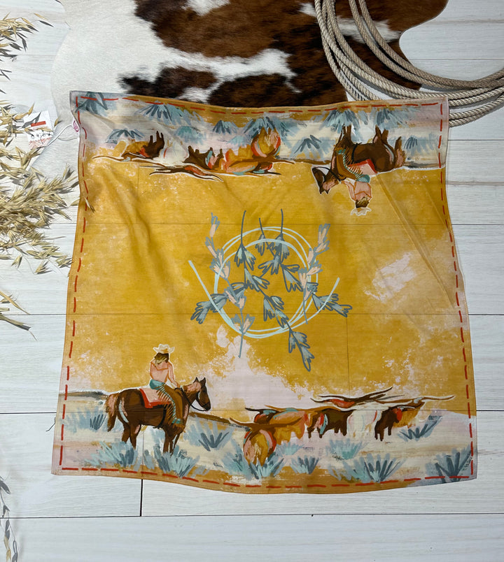 The Longhorn Open, a western wild rag made from 100% Mulberry silk, hand-drawn and designed. Versatile 35" x 35" accessory for bandanas, headbands, ponytails, and neck scarves.