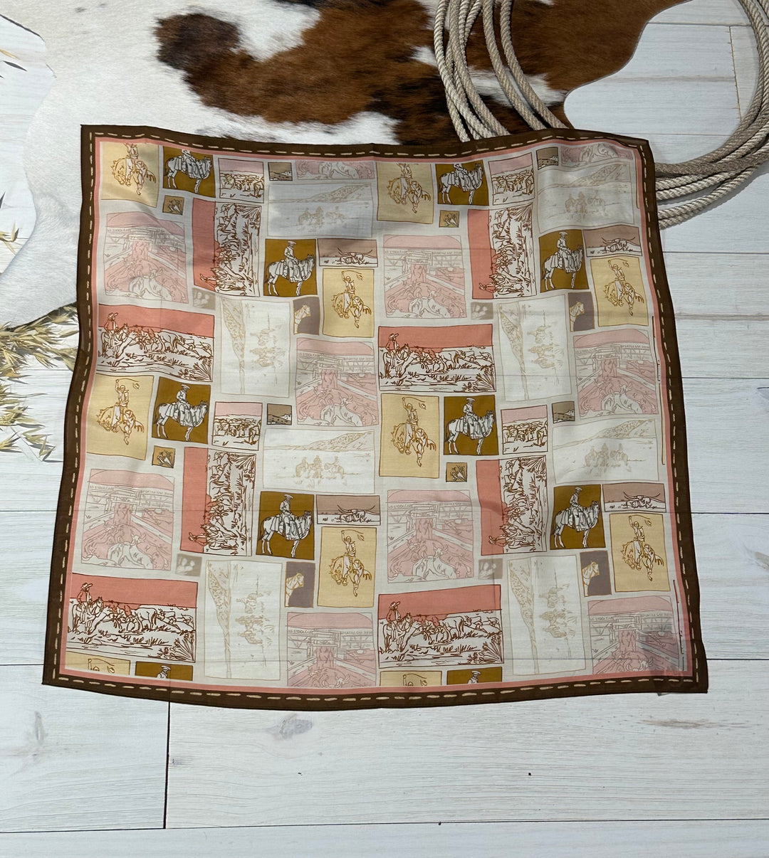The Ranching Wild Rag, a western wild rag made from 100% Mulberry silk, hand-drawn and designed. Versatile 35" x 35" accessory for bandanas, headbands, ponytails, and neck scarves.

