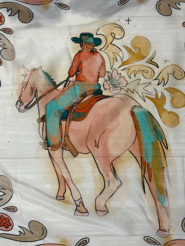  The Summer Ride Wild Rag features a hand-drawn design on 100% Mulberry silk. Wear it as a bandana, headband, ponytail, or neck scarf. Size 35" x 35".