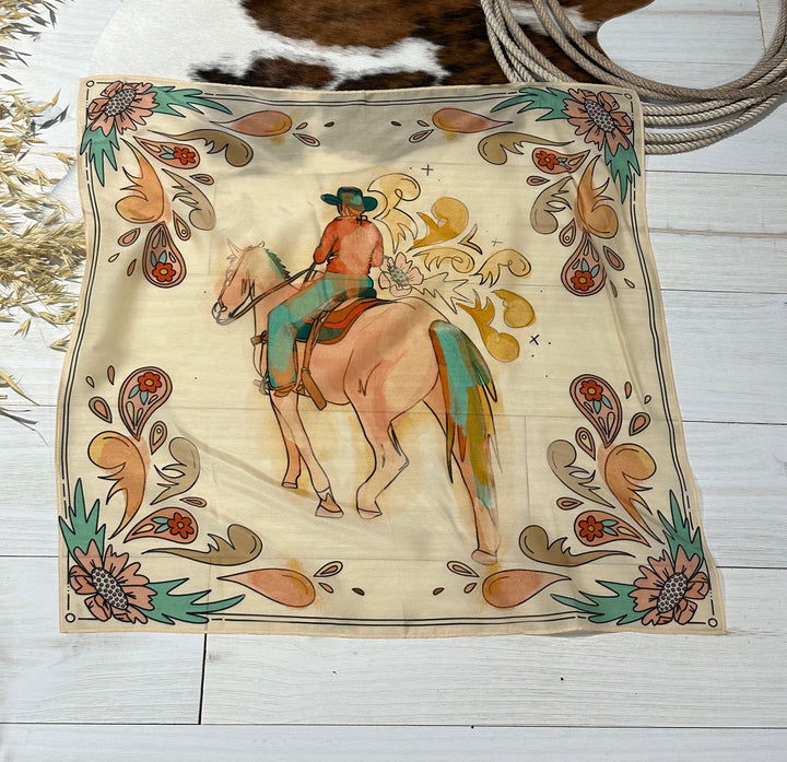 The Summer Ride Wild Rag, a western wild rag made from 100% Mulberry silk, hand-drawn and designed. Versatile 35" x 35" accessory for bandanas, headbands, ponytails, and neck scarves.
