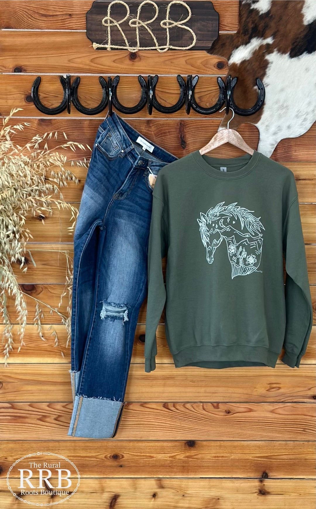 Ride into style with The Wild Horse Tee in military green. This unisex-fitting shirt is made from a comfortable blend of 50% cotton and 50% polyester, ensuring a perfect fit for everyone. Available in sizes Small (3-5), Medium (6-8), Large (9-11), and X-Large (12-14), it’s perfect for any casual occasion.