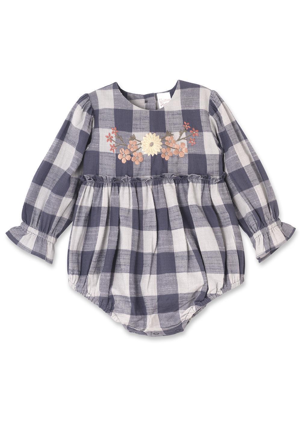 Timeless style meets everyday comfort in this darling baby bodysuit. Crafted from 100% breathable cotton, it showcases a classic navy and white buffalo check pattern that never goes out of style. Delicate floral embroidery across the bodice adds a touch of warmth and artistry, balancing rustic charm with heirloom detail. The gentle elastic waist keeps little ones cozy without restriction, while the ruffled cuffs lend a sweet, vintage-inspired finish. Practical design makes parenting easier too