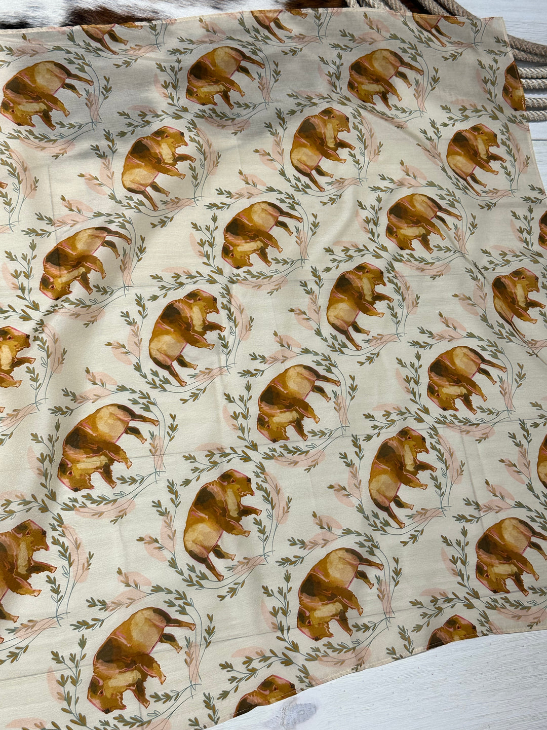 The Buffalo Wildrag, crafted from 100% Mulberry silk, designed as a western wild rag. Versatile 35" x 35" accessory for bandanas, headbands, ponytails, and neck scarves.