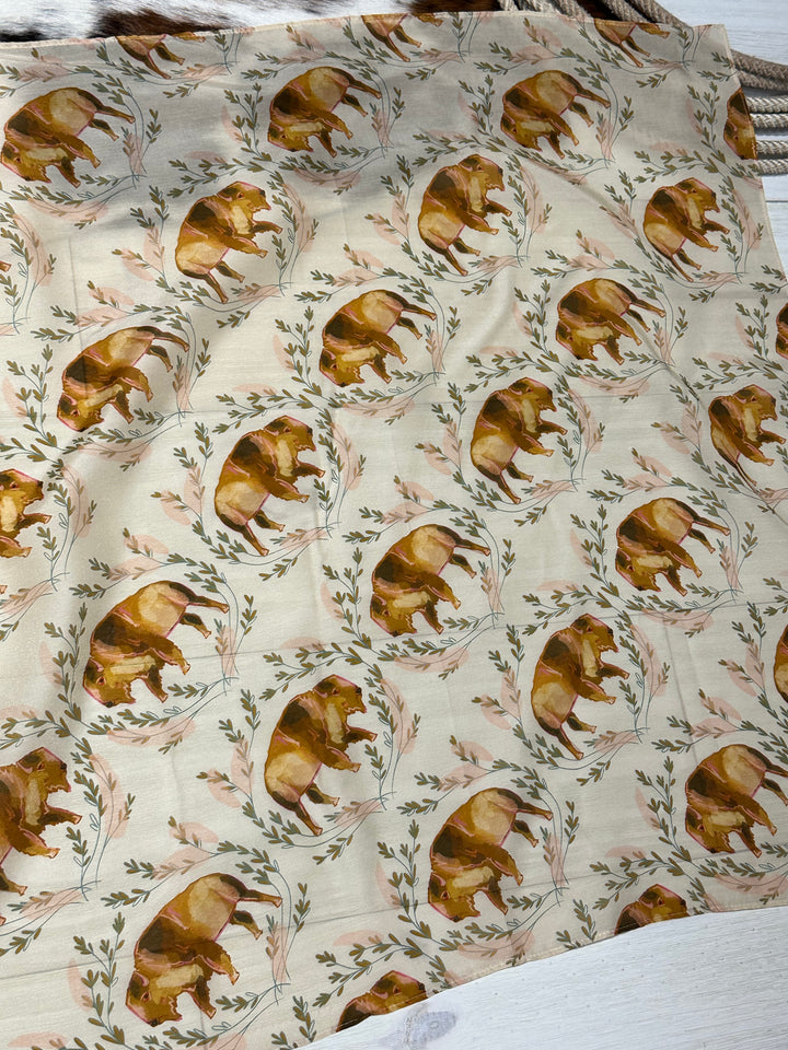 The Buffalo Wildrag, crafted from 100% Mulberry silk, designed as a western wild rag. Versatile 35" x 35" accessory for bandanas, headbands, ponytails, and neck scarves.