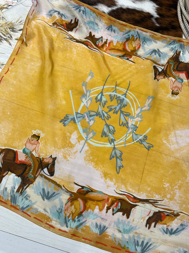 The Longhorn Open, crafted from 100% Mulberry silk, designed as a western wild rag. Multi-use accessory for bandanas, headbands, ponytails, or neck scarves. Size 35" x 35".
